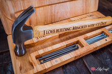 Load image into Gallery viewer, Hammer Gift Set with Wooden Box and Nails. Personalised Engraved Fathers day gift hammer
